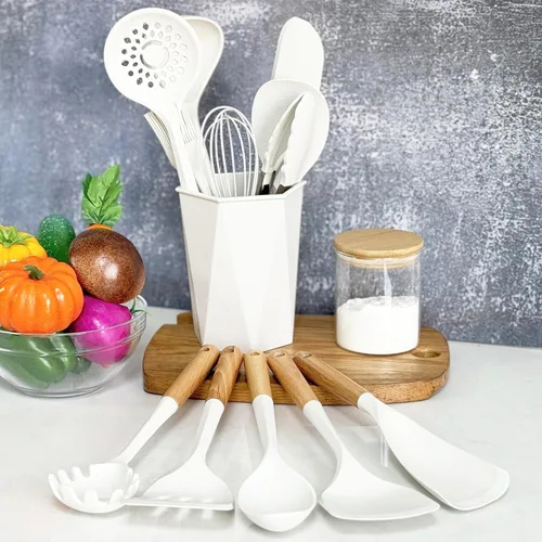 Vista 4 de Silicone Kitchen Utensils Set, 12 Pieces Kitchen Utensils Set, Anti-Stick Heat Resistant Wooden Handle Cooking Utensils with Dish Holder, Silicone