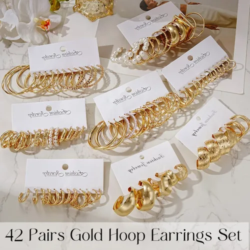 Vista 5 de Juego de 36 pares de aretes de aro dorados para mujeres y niñas, paquete múltiple de aretes de aro trenzados, hipoalergénicos, de cadena gruesa