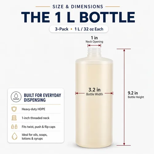 Vista 6 de Bar5F Paquete de 3 botellas grandes de plástico HDPE de 1 litro, 33.8 onzas