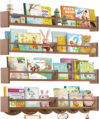 Vista 8 de Estantes para libros de guardería de 34 pulgadas montados en la pared, estante flotante para libros para niños con 6 ganchos, estante colgante