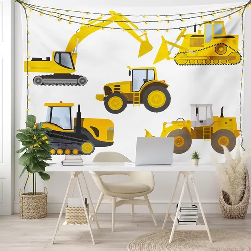 Vista 7 de Lunarable Tapiz de dibujos animados, inspirado en la animación, dibujo de maquinaria pesada, impresión de excavadora, decoración de tela para colgar