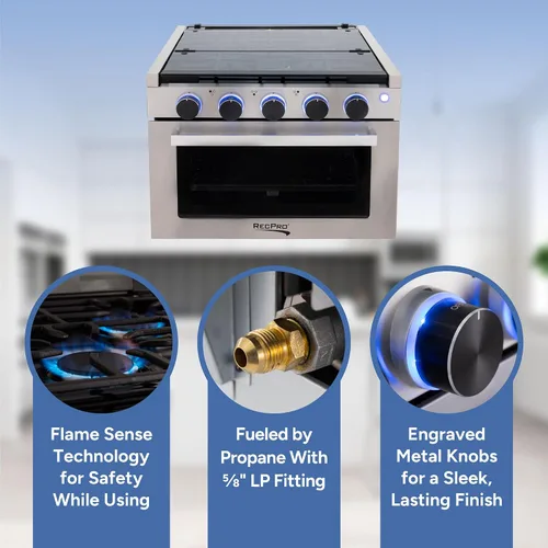 Vista 3 de Estufa RecPro RV Negra Rango de gas de 17" de alto Tres quemadores de 6500 y 8000 BTU Horno de 7100 BTU con capacidad de 1.24 pies cúbicos