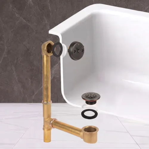 Vista 2 de Fine Fixtures Drenaje de ducha para bañera, tubo de latón calibre 20, kit de drenaje de desbordamiento de palanca de viaje, bronce antiguo