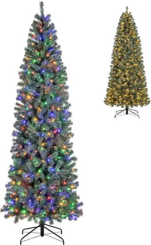 Vista 16 de GOFLAME Árbol de Navidad artificial preiluminado de 4 pies, árbol de Navidad delgado con nieve en forma de lápiz con luces LED multicolor y blanco