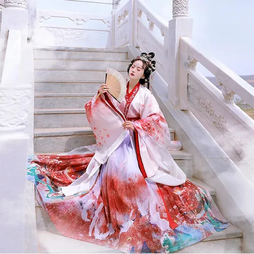 Vista 5 de Hanfu - Disfraz tradicional chino de Hanfu para mujer, falda de hada, para cosplay o carnaval, color beige, talla extragrande.