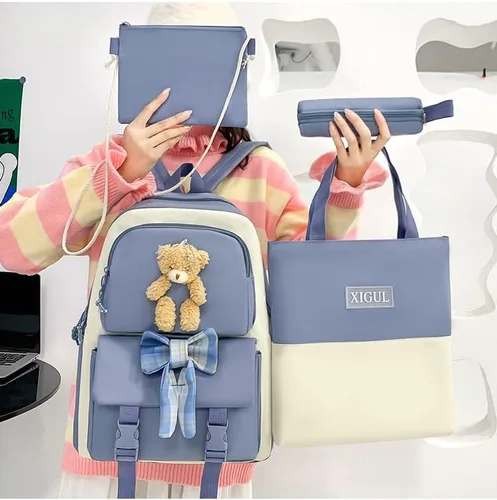 Vista 2 de Lokkcy Juego de 4 mochilas Kawaii con bonitos colgantes e insignia, mochila escolar japonesa y mochila para niñas de 10 a 12 años, Azul, Mochila