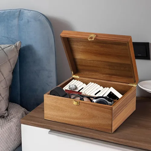 Vista 2 de Caja de recuerdo de madera de acacia con tapa con bisagras
