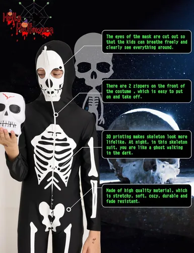 Vista 4 de Disfraz de esqueleto de Halloween que brilla en la oscuridad, overol negro de hueso aterrador para niños y niñas de 6 a 14 años