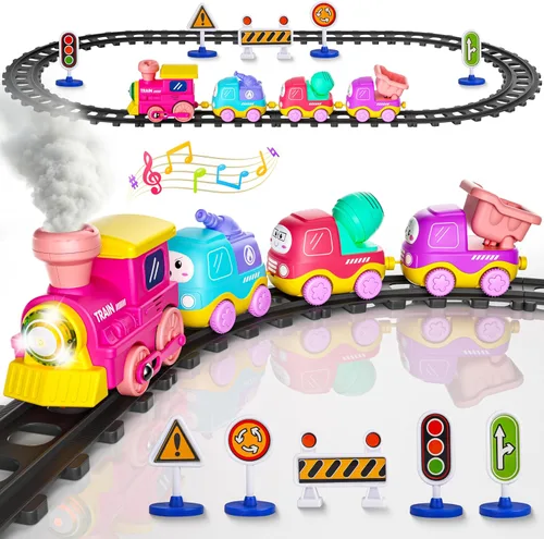 Vista 8 de Juego de Tren de Vapor Funwee para Niños Pequeños, Juguetes de Tren con Conexión Magnética y Luces y Sonidos, Tren Eléctrico de Dibujos Animados