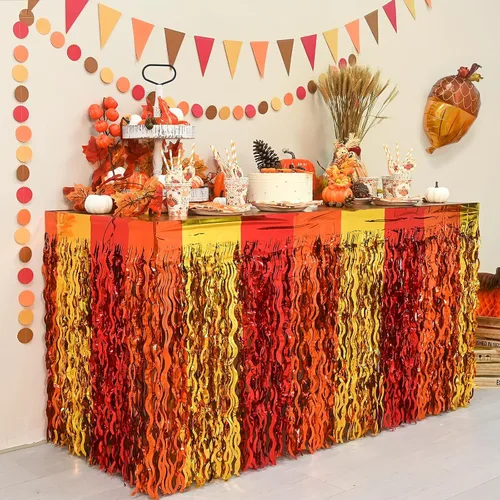 Vista 8 de Decoraciones para fiestas de otoño Mega-L, paquete de 2 faldas de mesa rojas, naranjas y doradas