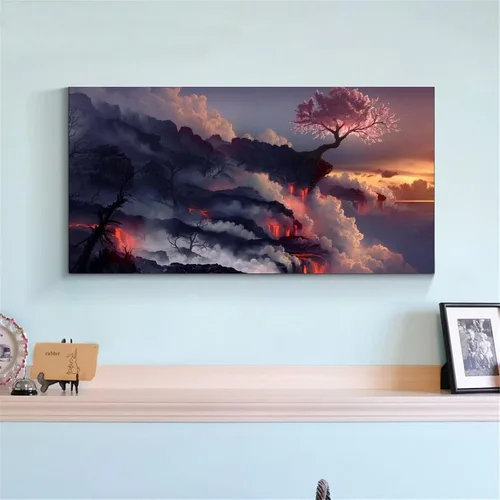 Vista 4 de Póster de paisaje de anime, flor de cerezo, arte de pared de fantasía natural, decoración del hogar, pintura en lienzo, póster de pared