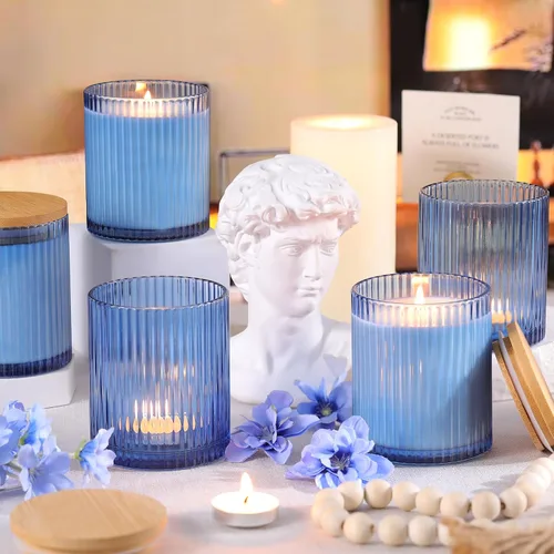 Vista 4 de sunnyfuture Juego de 8 tarros de vela azules de 10 onzas para hacer velas, tarros de vela de vidrio acanalado con tapas y etiquetas de madera