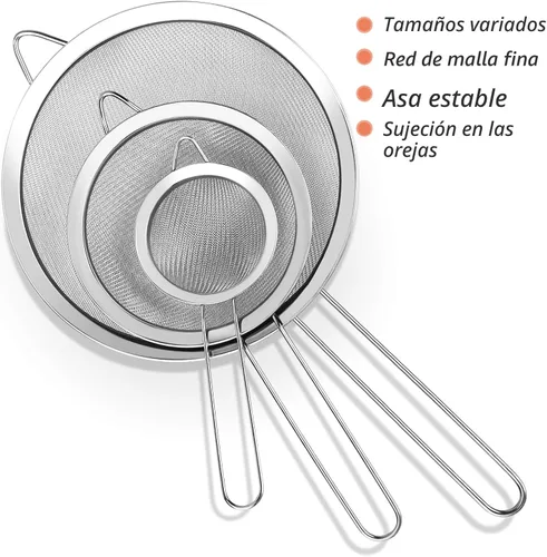 Vista 6 de Juego de 3 coladores de malla extrafina de alambre con mango, tamaño pequeño, mediano y grande, tamiz de acero inoxidable, coladores de malla fina