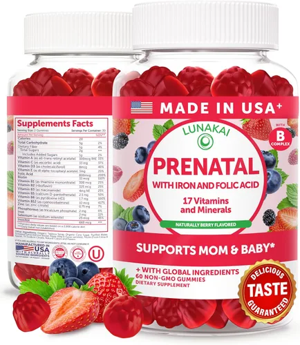 Vista 12 de Lunakai Vitaminas prenatales 17 en 1 fabricadas en Estados Unidos para mujeres con hierro y ácido fólico, deliciosas gomitas prenatales diarias