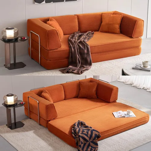 Vista 8 de LINSY Home Sofá cama convertible de 79 pulgadas, sofás de pana 4 en 1 sin hueso para sala de estar, futón plegable tamaño Queen, colchón de suelo