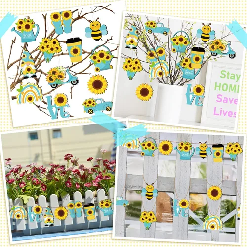 Vista 6 de Chunful Adorno de árbol de gnomo de girasol de verano, adornos colgantes de madera para primavera, decoración de árbol pequeño con cuerda