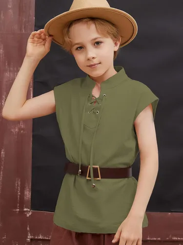 Vista 3 de CharmWM Camisetas sin mangas de pirata renacentista para niños, disfraz vikingo, medieval, con cordones, escocés, Halloween, cosplay, camisetas sin