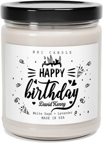 Vista 10 de NHI - Vela personalizada de feliz cumpleaños, vela con nombre personalizado, vela perfumada de cera de soja para el hogar, tarro transparente de 9