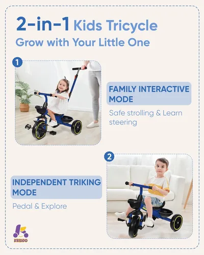 Vista 2 de KRIDDO Triciclo 2 en 1 para niños de 18 meses a 5 años de edad, mango de empuje extendido para empujar sin esfuerzo, triciclo de regalo para niños