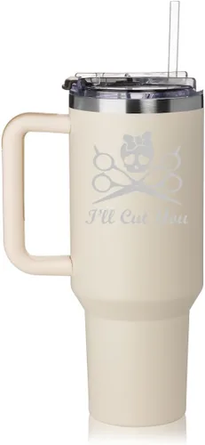 Vista 7 de Vaso de 40 onzas con asa y tapa con pajilla, taza de viaje aislada de acero inoxidable, taza de viaje I'll Cut You Hair Dresser Stylist (negro)