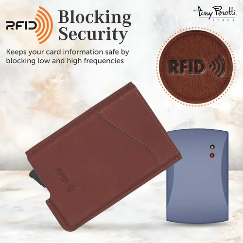 Vista 3 de Tony Perotti Billetera de piel italiana de acceso rápido para hombres, billetera RFID ultra delgada con deslizador de tarjeta desplegable y funda