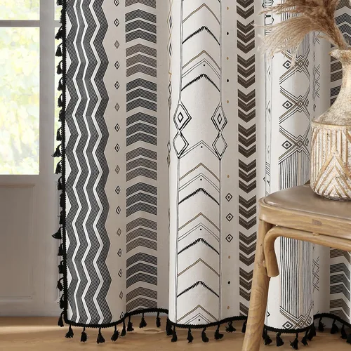 Vista 8 de Cortinas Boho ColorBird Beige Crema opacas, 2 paneles de 63 pulgadas de largo, tratamiento para ventanas con aislamiento térmico, estampado