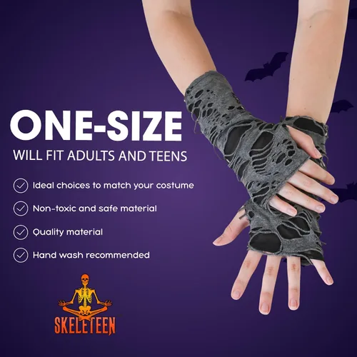 Vista 6 de Skeleteen Calentadores de brazos rasgados punk, guantes de punto sin dedos, de manga larga, accesorios góticos para hombres y mujeres, Gris