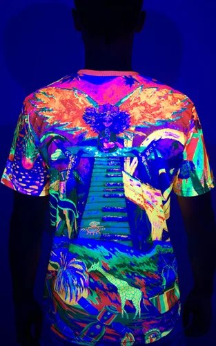 Vista 4 de aofmoka - Camiseta ultravioleta hecha a mano, reactiva a luz negra, con impresión decorativa