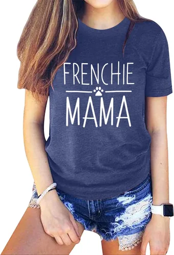 Vista 23 de Camiseta de manga corta con texto en inglés «Frenchie Mama», con estampado de letras para mujer, estilo casual