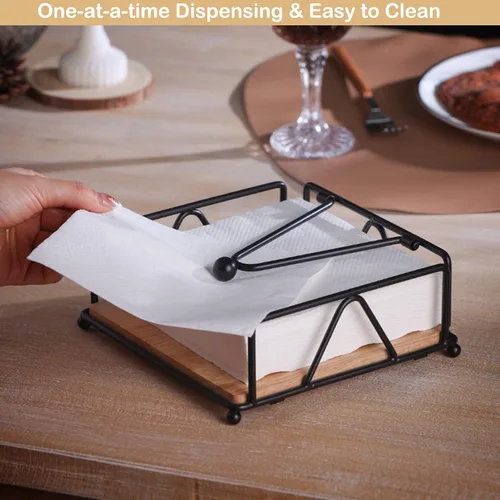 Vista 6 de Servilletero de metal para mesa con brazo de peso, servilleteros de papel plano para mesa de cocina con base de madera, dispensador de pañuelos