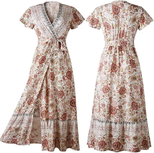 Vista 5 de PRETTYGARDEN Women Boho Summer Side Split Deep V Neck Short Sleeves Maxi Dress with Belt
