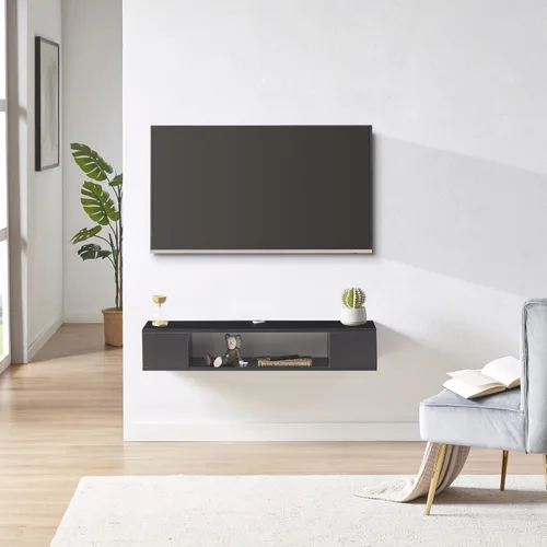 Vista 3 de GHC Soporte de TV flotante, centro de entretenimiento montado en la pared y estante de gabinete, consola de TV con almacenamiento, consola