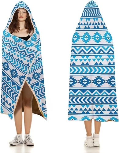 Vista 3 de Manta con capucha, manta tribal con patrón azteca tribal americano, geométrica cultural, suave, cálida y acogedora, 40 x 50 pulgadas, apta
