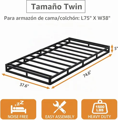 Vista 2 de Snaye Base de Cama con Somier Tamaño Individual de 5 Pulgadas, Somier Individual Resistente de 1500lbs Base de Colchón de Metal, Montaje Fácil sin
