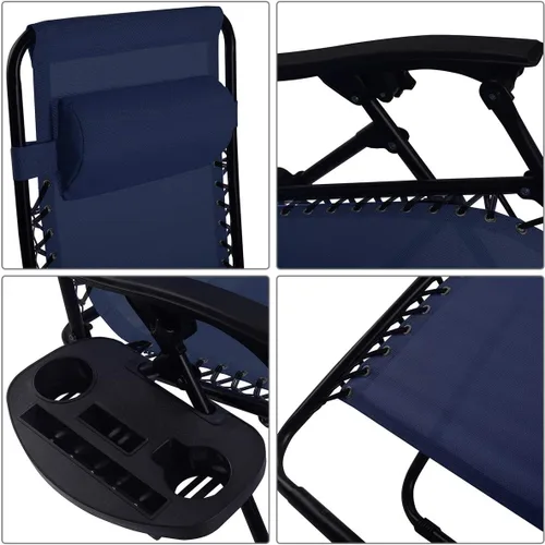 Vista 4 de Sillón de gravedad cero para exteriores con almohada y bandeja de utilidad, reclinable plegable para patio y playa (azul marino)