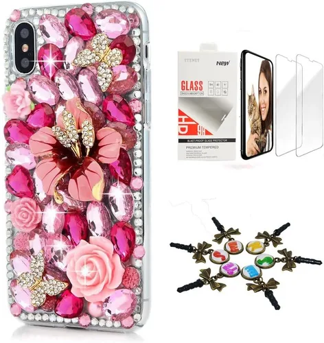 Vista 4 de Sparkle Funda compatible con iPhone 12 – Elegante – 3D hecha a mano con lazo y corona de lazo para llaves, diseño de rosas y diamantes de imitación