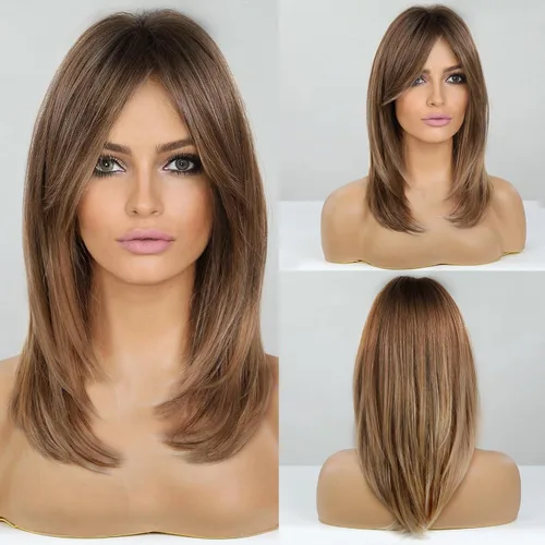 Vista 9 de HAIRCUBE Pelucas largas de color marrón oscuro con reflejos para mujer, peluca de pelo sintético rizado ondulado para uso diario