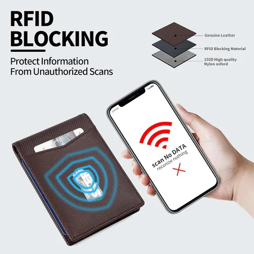 Vista 5 de SHOUCANGAR Cartera para hombre Cartera con bloqueo RFID para hombre con bolsillo frontal Carteras pequeñas con correa de efectivo (marrón)