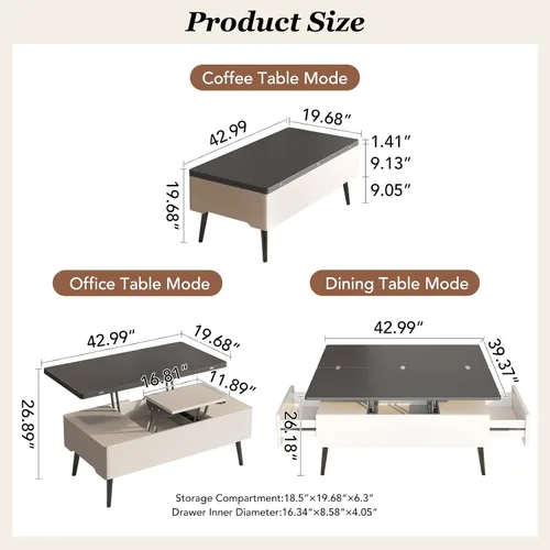 Vista 2 de HOTICKME Mesa auxiliar multifunción 3 en 1 con parte superior elevable, mesa auxiliar de 42.99 pulgadas que se convierte en mesa de comedor con 2