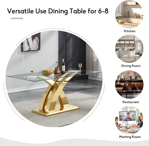 Vista 5 de Juego de mesa de comedor de vidrio de 70 pulgadas para 4, mesa rectangular de cristal dorado con 4 sillas de piel sintética, juego de mesa de Mesa
