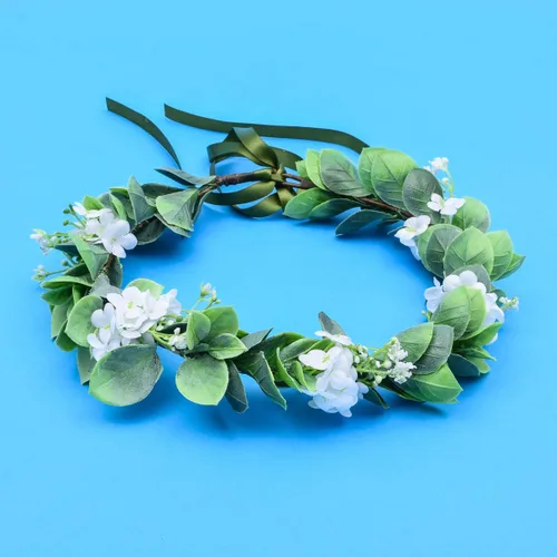 Vista 3 de Corona de flores suculentas, eucalipto, halo de boda, diadema floral, accesorio para fotos (B-blanco)