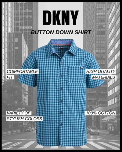 Vista 2 de DKNY Camisa de vestir clásica de manga corta con botones para niño, para la escuela, vacaciones y vacaciones (tallas 4-20)