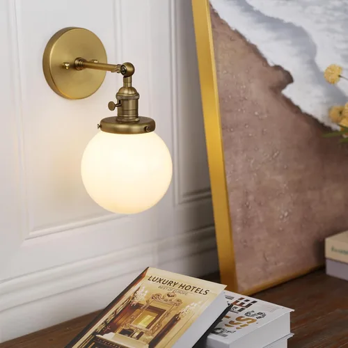 Vista 2 de Pathson Aplique de pared cableado con globo blanco, luz de tocador de baño de latón con interruptor de encendido y apagado, lámparas de pared