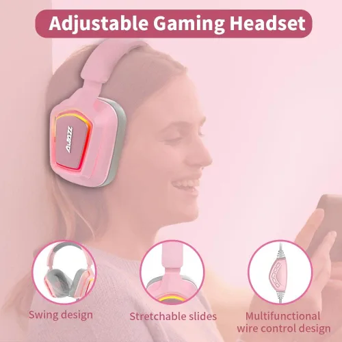 Vista 3 de NACODEX AX368 Auriculares para juegos con cable rosa con micrófono - Sonido envolvente estéreo 7.1 - Control de volumen - Diadema ajustable