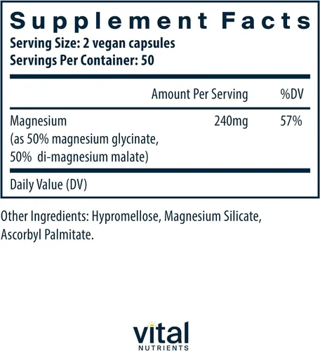 Vista 2 de Vital Nutrients Glicinato de Magnesio + Malato 120 mg Suplemento de Magnesio Vegano para Mujeres y Hombres Apoyo Muscular, Cardíaco y Óseo*