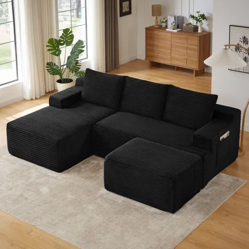 Vista 17 de Sofá seccional comprimido sin hueso de 112 pulgadas con otomana movible convertible en forma de L sofá esquinero modular para sala de estar, sofás