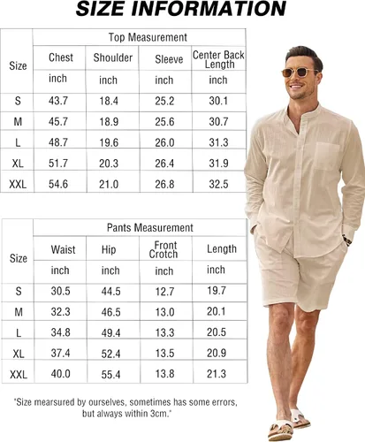Vista 6 de COOFANDY Conjuntos de lino para hombre, 2 piezas, camisa de manga larga y pantalones cortos casuales con cordón en la cintura, trajes de verano