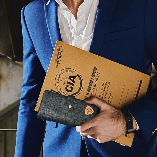 Vista 7 de Genuino caballo loco cuero viaje regalo moneda bolsillo tarjeta caso largo organizador cadena Rfid monedero con broche para hombres hombres 1803