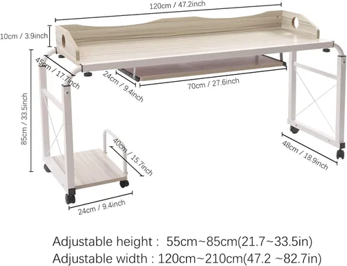 Vista 2 de Escritorio de cama Burlywood ajustable en altura, mesa multifuncional móvil, escritorio de computadora elástica para dormitorio, comedor, sala