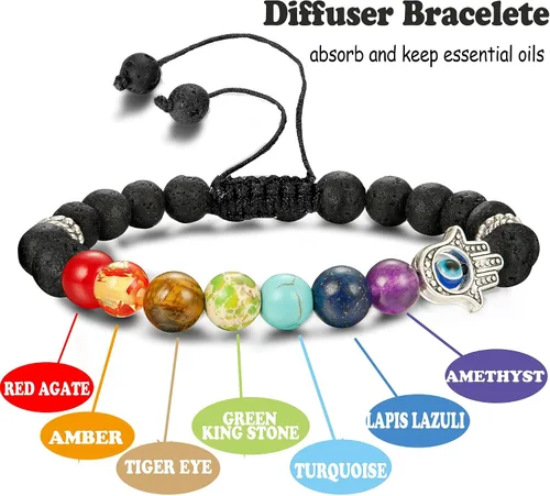 Vista 2 de 2 Pulseras elásticas con cuentas azules de ojo malvado, 7 chakras, piedra de lava, mano de Hamsa